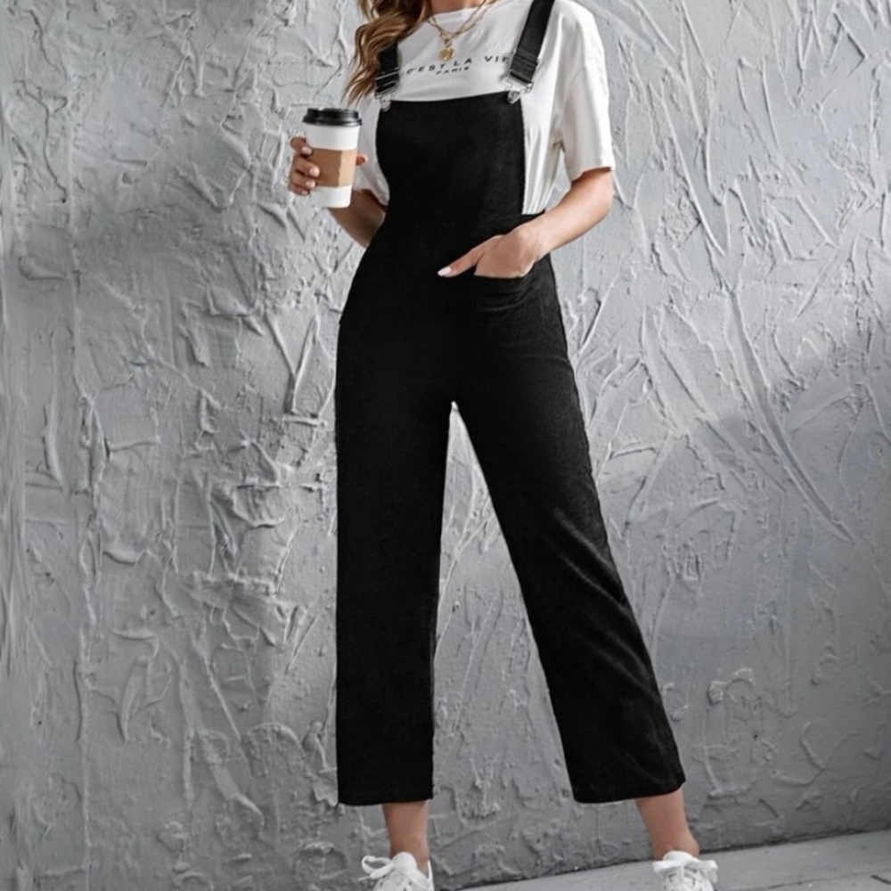SHEIN Corduroy Front Pocket Black Overalls Wide Leg Medium